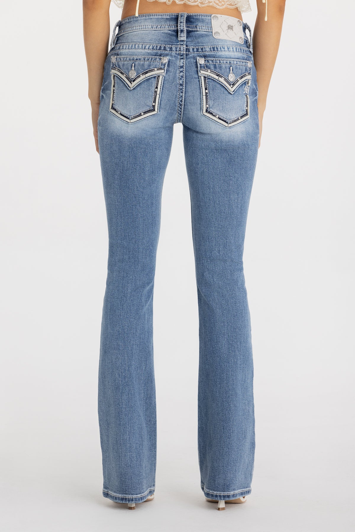 Halo Border Stitched Low Rise Bootcut Jeans